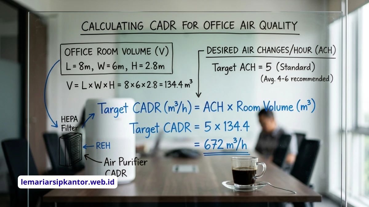 Infografis diagram rumus perhitungan CADR air purifier AHAM dan nilai ACH untuk ruangan kantor tertutup