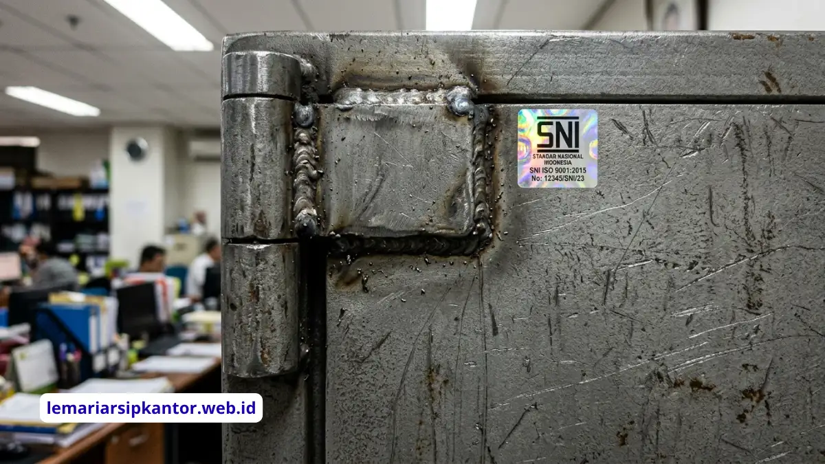 Konstruksi lemari besi kantor dengan pelat baja tebal dan kunci ganda