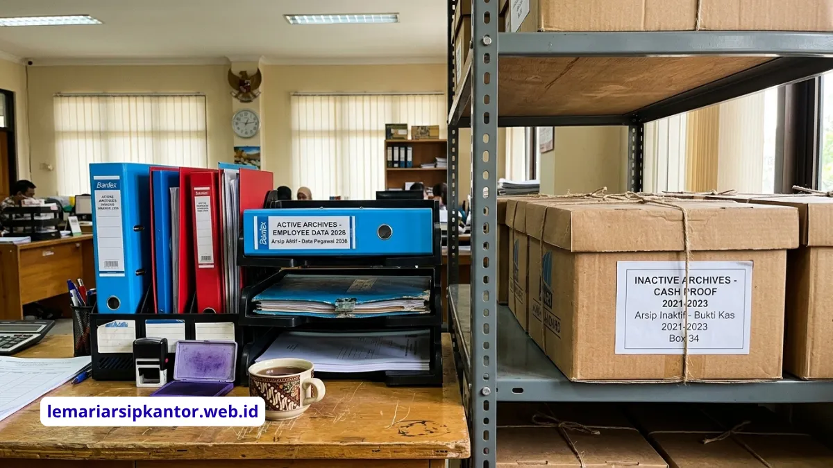 Pemisahan arsip dinamis aktif dan inaktif di lemari kantor