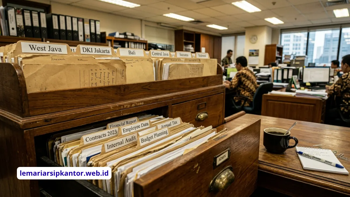 Penataan arsip dengan sistem geografis dan subjek di rak kantor