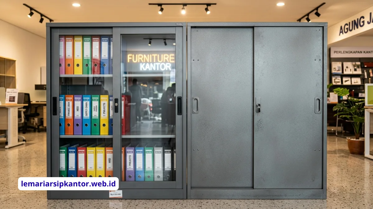 Perbandingan pintu geser kaca dan plat besi pada lemari arsip