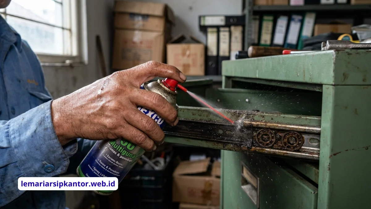 Proses pemeliharaan dan pelumasan rel laci besi oleh teknisi kantor