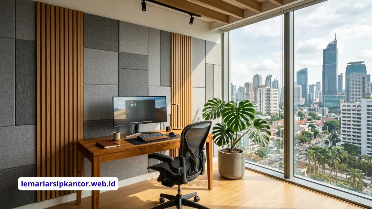 Ruangan kantor modern dengan panel akustik peredam suara terpasang di dinding dan plafon