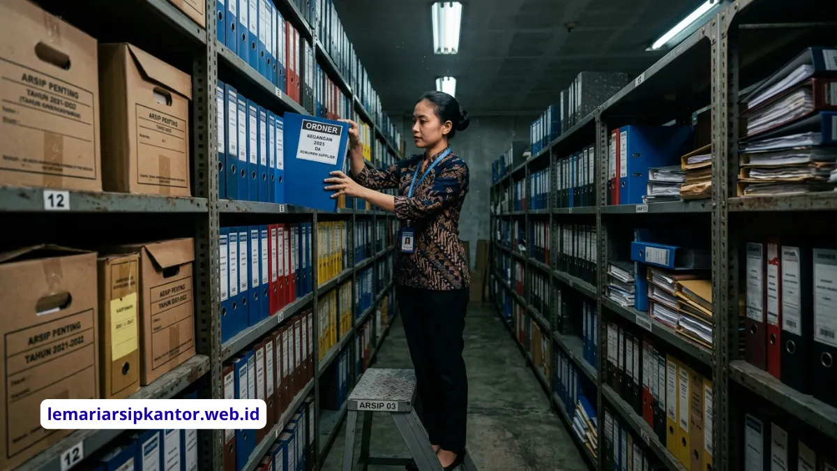 Staf admin menyusun dan menata arsip di lemari kantor