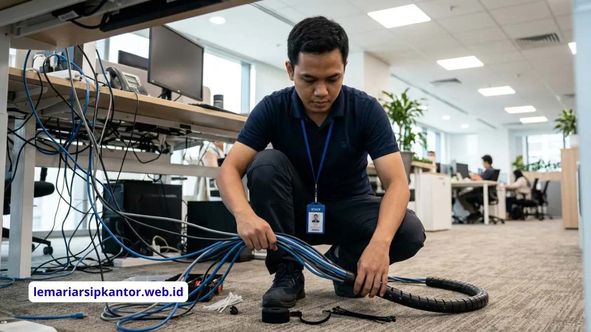 Staf IT merapikan cable management di area kerja kantor