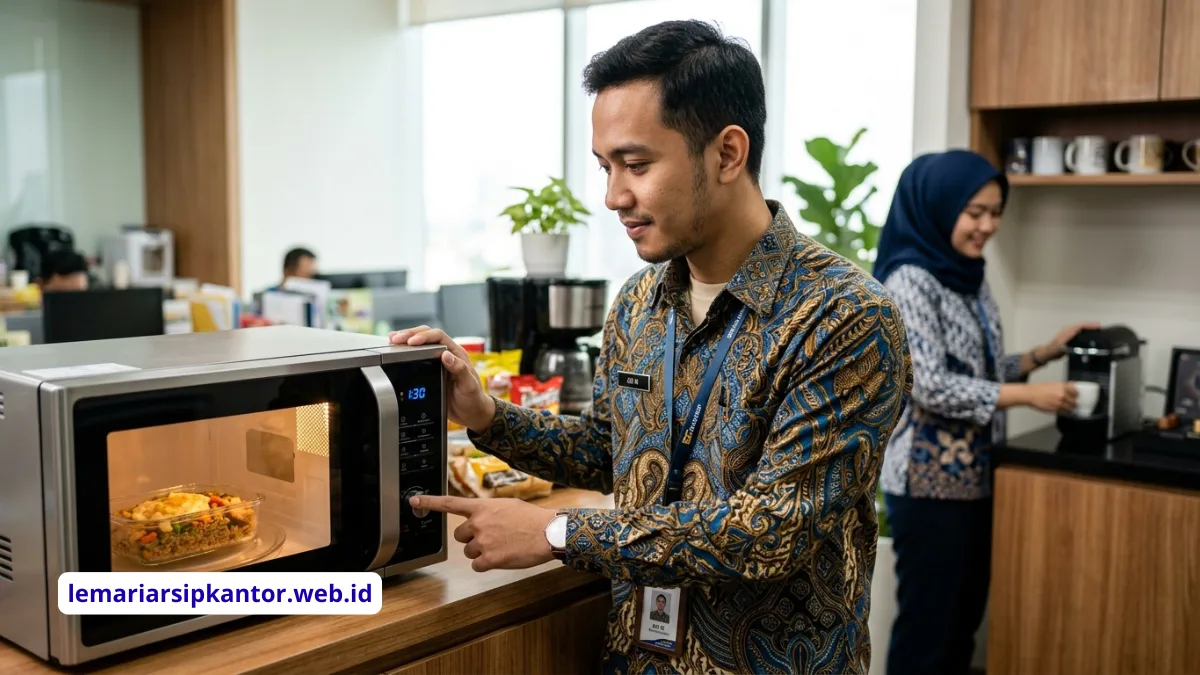 Staf karyawan menggunakan fitur tombol pemanas cepat microwave stainless steel di area pantry