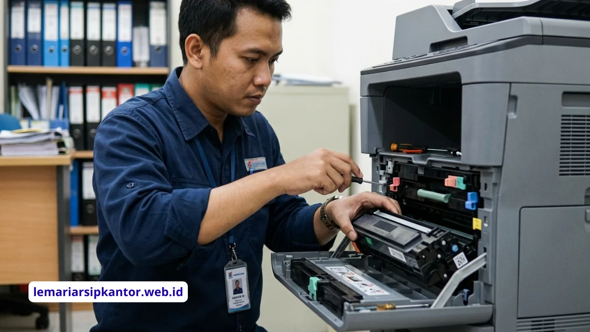 Teknisi melakukan perawatan rutin printer sewa di kantor